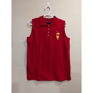 Vintage red sleeveless collared shirt w/embroidered Pooh bear & honey bee size M